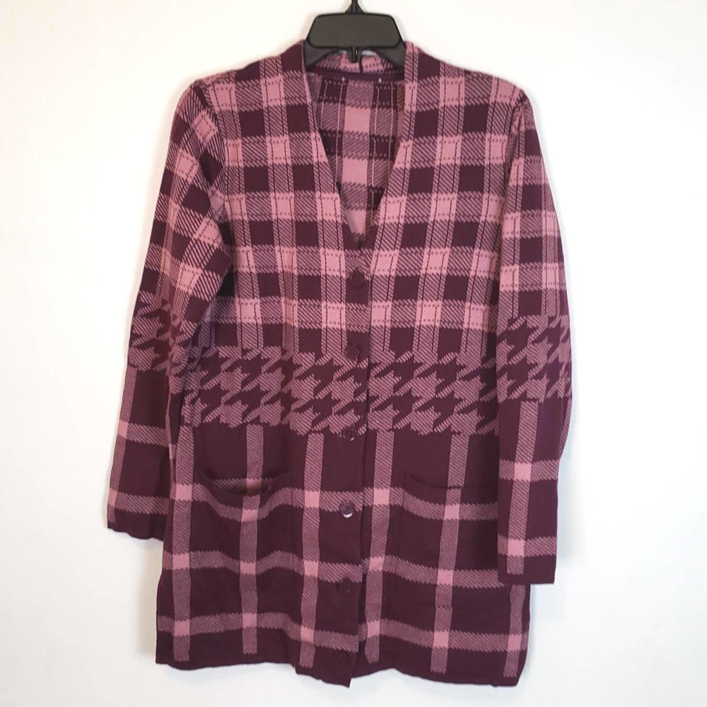 Purple Plaid Cardigan Sweater QVC size L